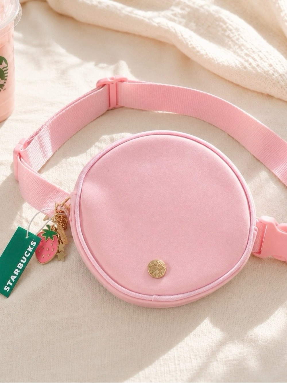 Starbucks Pink Round Crossbody Belt Bag with Strawberry Charm